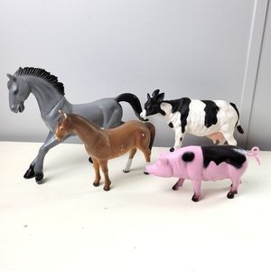 Vintage Farm Animals 1980s Grey and Brown Horse Cow Pig Play Figure Toys